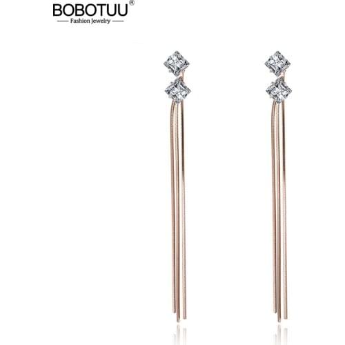 BOBOTUU Bohemia Style CZ Crystal Inlayed Stainless Steel Earrings Jewelry Trendy Rose Gold Tassel Earrings For Women BE18102