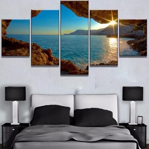 Wall Art Picture 5 Piece Sunset Water Cave HD Print Painting Landscape Canvas Wall Home Living Room Decor