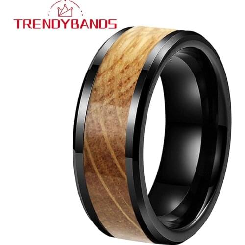 8mm Tungsten Carbide Steel Rings For Men Women Wedding Bands Black Plated Flat Shape Whiskey Barrel Inlay Comfort Fit