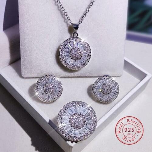 Luxury 925 Sterling Silver 3Pcs Brilliant Zircon Diamonds Necklace Earrings Ring Wedding Bridal Jewelry Sets Dress Accessories