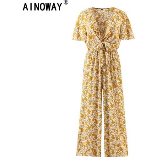 Vintage chic women Boho Bodysuits floral print lace-up elestic waist short sleeve v-neck bohemian rayon Rompers Jumpsuit