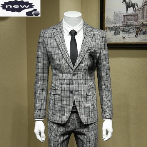 British Formal Grey Plaid Wool Blazer Suit Men Office Costume Homme Bridegroom Wedding Suits Jacket+Vest+Pants Woolen 3pcs Set