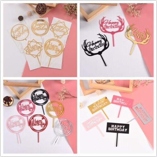 Round/Hexagon Happy Birthday Cake Topper Gold Acrylic Letter Cake Top Flag for Boy Birthday Party Cake Topper Wedding Decoration