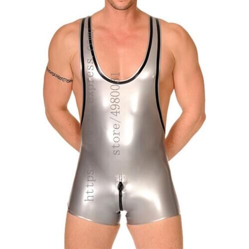Cool metallic light silver mens latex leotard gummi mens bodysuit with black trims and attached crotch zipper to ass
