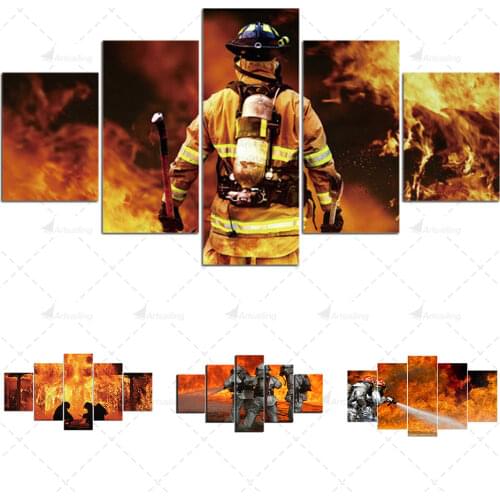 Modular 5 Pieces Firefighter Canvas Art Poster Wall Decor HD Prints Fireman Pictures for Gift Home Decoration