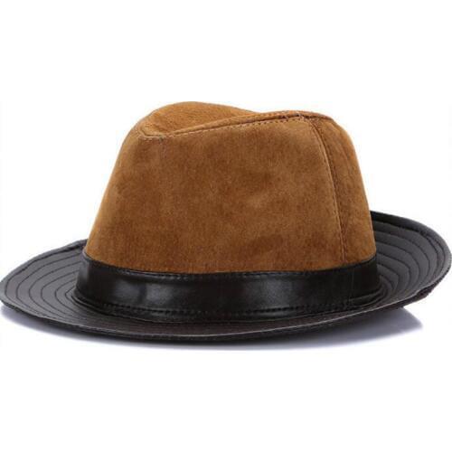 Mens Genuine Leather Hat Male Fashion Genuine Leather Fedoras Cap Wide Brim Panama Leather Cap 3 Colors New Year Gift B-7148