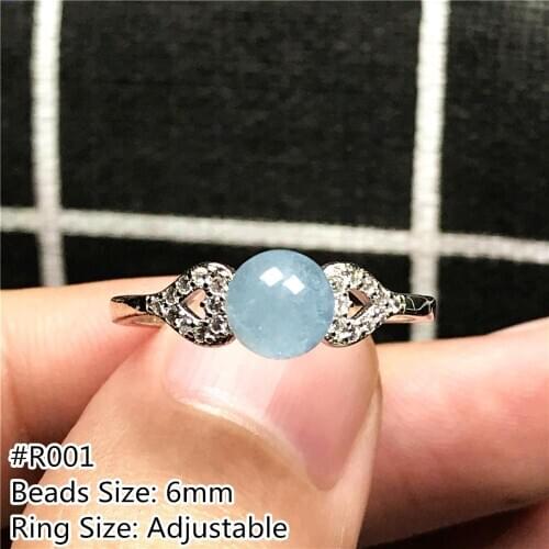 6mm Top Natural Ocean Blue Aquamarine Ring For Woman Lady Man Crystal Round Beads Silver Gemstone Adjustable Ring Jewelry AAAAA