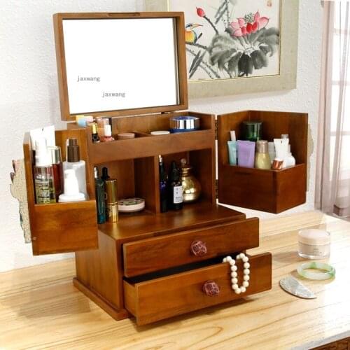 Desktop Cosmetic Makeup Storage Box Dressing Table Lipstick Jewelry Organizer Solid Wood Skin Care Products Shelf with Mirror