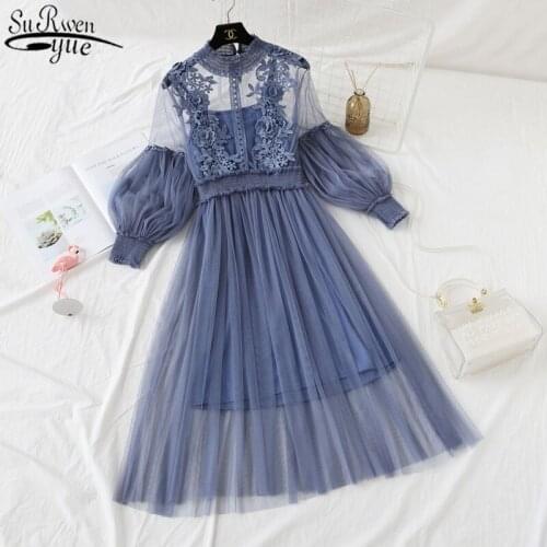 New Women Fashion Dress Stand Collar Lantern Sleeve Mesh Dress See-through Lace Embroidery Fairy Dress Femme Vestidos Robe 11767