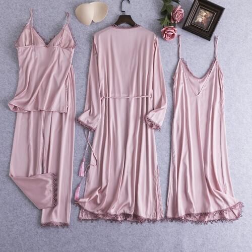 New Women Pajamas Satin Silk 4 Pieces Summer Sexy Lace Pajamas Set Summer Sleepwear Wine Red Nightdress Female Homewear