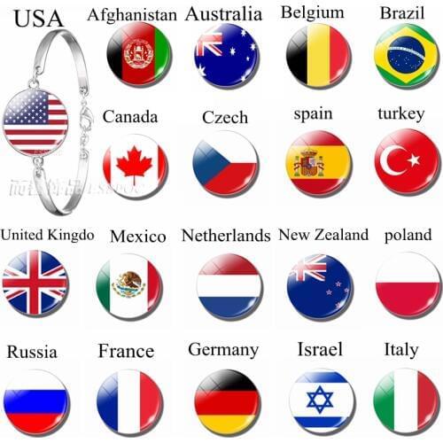 National Flags USA Spain Turkey Charm Glass Dome Jewelry SilverColour Metal Bracelet Bangles Punk Style Women Men Gift Wholesale