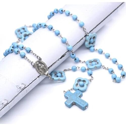 Catholic Turquoise Rosary Necklace Virgin Mary Charm Round Bead Cross Necklaces Religious Praying Fashion Jewelry