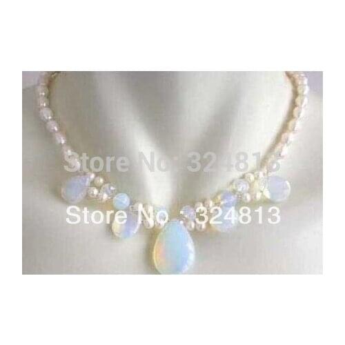 Real White Pearl Blue Fire Opal Silver Clasp Necklace #1731