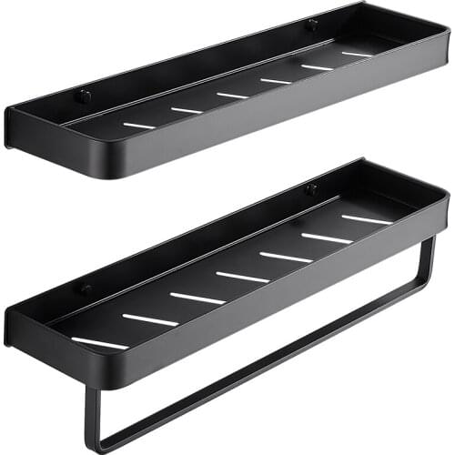 Bathroom Black Shelf with Towel Bar Space Aluminum Corner Shelves Towel Rack with Hook Shampoo Holder Kitchen Storage Rack