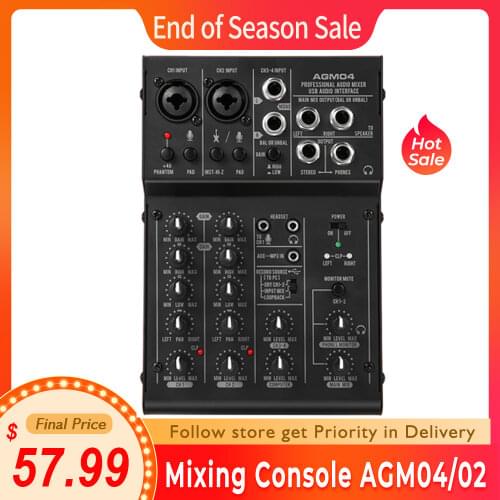 Ammoon Digital Audio Mixer professional Mixing Console Mini 4-Channel 2-band EQ Built-in 48V Phantom Power 5V USB Powered mixer