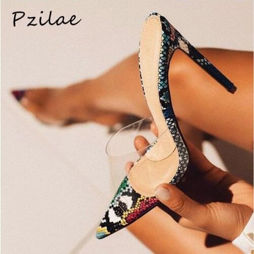 Pzilae new women pointed toe slippers sexy PVC transparent snake printed ladies slippers summer fashion party high heels shoes