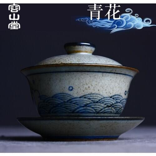 Rongshantang Mingyuan ceramic blue and white cover bowl large antique Sancai tea bowl Jingdezhen tea bowl kungfu tea set
