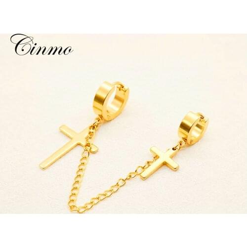 Cinmo Stainless Steel Piercing Drop Earrings Kpop Double Cross Gold Dangle Earrings For Men Women Wholesale Party Jewelry Gift