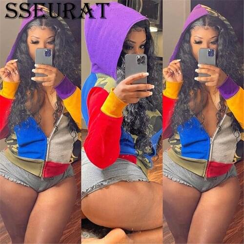 SSEURAT Patchwork Classic Zipper Hoodie Autumn Women Casual Jacket Coat 2021 New