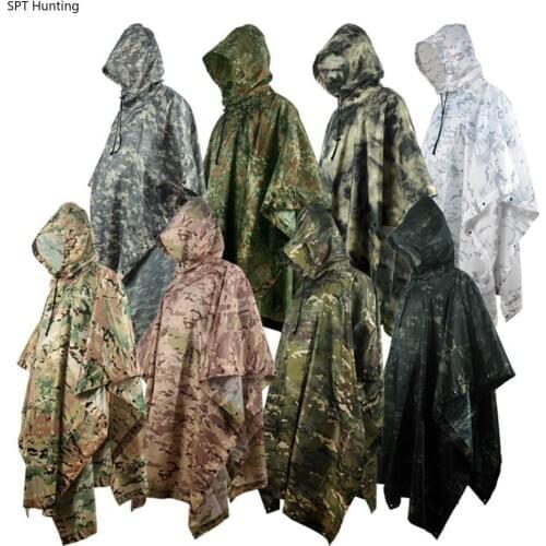 Outdoor Military Breathable Camouflage Poncho Jungle Tactical Raincoat Birdwatching Hiking Hunting Ghillie Suit Travel Rain Gear