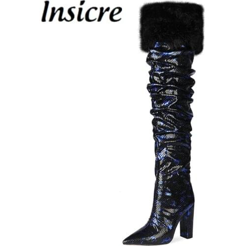 Drestrive Women Over Knee High Boots Zipper Pointed Toe Mixed Colors Pleated Patent Leather Snake Pattern Big Size 47 Thin Heels