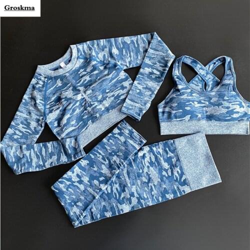 Camouflage Pants High Waist+T Shirt+Bra Women Yoga 3 Piece Set Long Sleeve Crop Top Fitness Gym Sportswear Suits Seamless