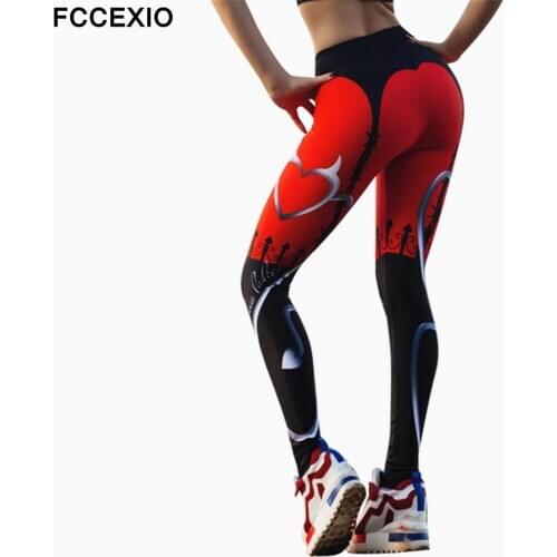 FCCEXIO Hot New Women Leggings Heart Shape Digital Print Patchwork Fitness Legging Push Up Workout Plus Size Leggins Pants