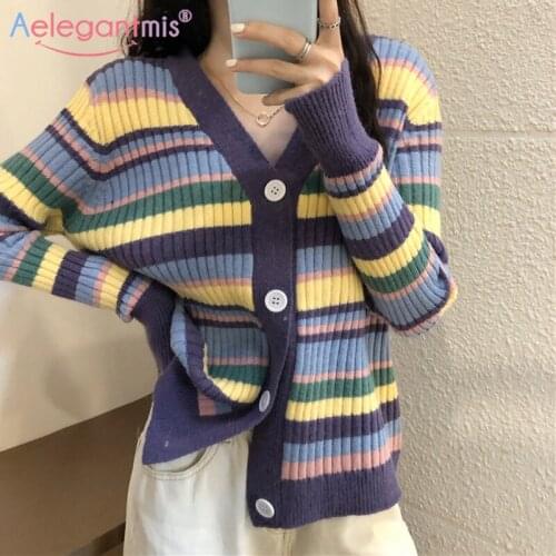 Aelegantmis Korean Striped Knitted Cardigan Women Vintage Spring Soft Sweaters coat Female Casual V Neck Single Breasted Jumpers