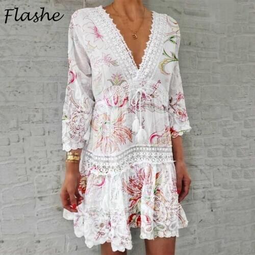 Fashion Lace V Neck Patchwork Summer Dress Women Three Quarter Sleeve Tassel Party Dress Elegant Floral Print Hollow Out Dresses