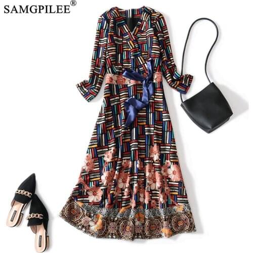 Winter Clothes For Women 2020 Casual A-line Print Plus Size Dress Wrist Sleeve Sashes Mid-calf Empire V-neck Dresses For Women