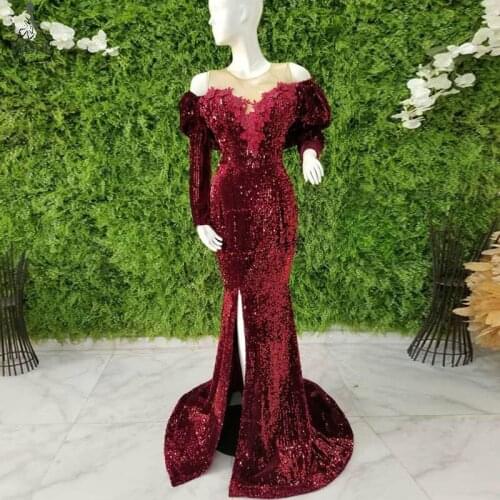 Aso Ebi Burgundy Sequins Evening Dress Plus Size Split Long Sleeves Arabic Formal Prom Dresses Robe de soiree Custom Made