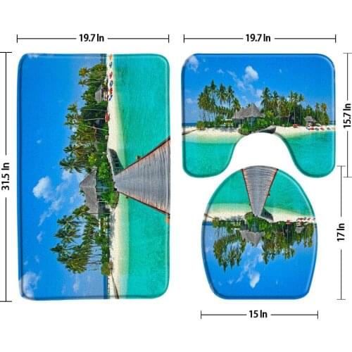 Beach Coconut Tree Landscape 3Pcs Bath Mats Bathroom Rug Set Non Slip Ocean Natural Scenery Bath Decor Toilet Cover U-Shaped Pad