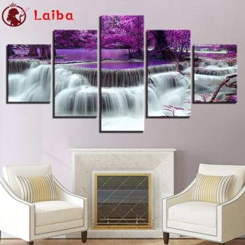 5D DIY round Diamond Embroidery Purple forest waterfall Full Kits Needlework Diamond Painting Cross Stitch Decor For Home5pcs