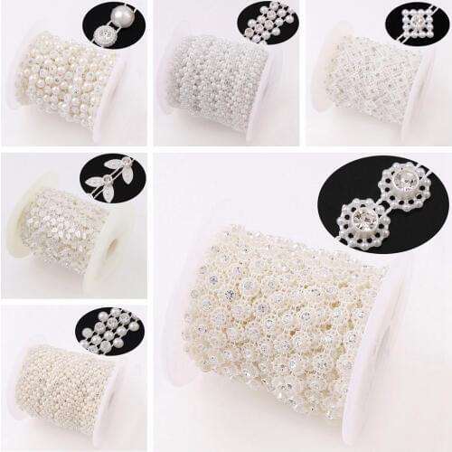 8-16mm 1Yard Fishing Line Artificial Imitation Pearl Round Beads Chain with Rhinestone Trim for DIY Wedding Party Decoration