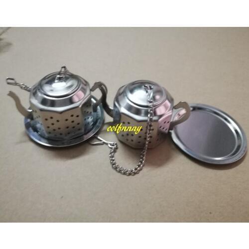 800pcs/lot Fast shipping Stainless Steel Teapot Pot Shape Tea Infuser Filter Strainer Ball with tray