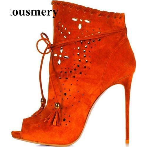 Free Shipping Women Fashion Open Toe Suede Leather Ankle Gladiator Boots Lace-up Cut-out High Heel Ankle Boots Dress Shoes