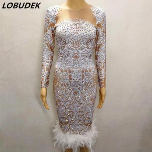 Sparkly Rhinestones White Feather Printing Dress Party Show Prom Female Singer Stage Wear Nightclub Bar Host Performance Costume