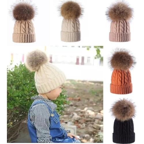 Big Fur Pom pom Beanie Hats Kids Girls Boys Warm Knitted Winter Hat Baby Real Raccoon Fur pompom Beanies Cap