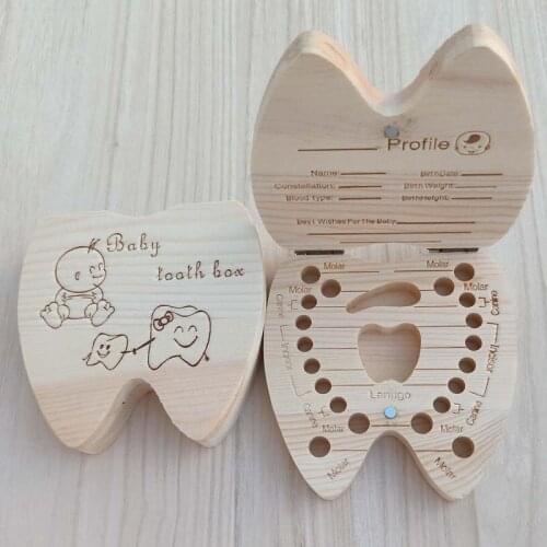 Wooden Spanish/English/Portuguese/French Baby Deciduous Tooth Box Teeth Lanugo Umbilical Cord Tooth Souvenir Box Collection Box