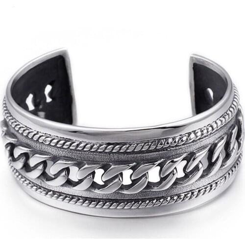 European and American Punk Bracelet Titanium Steel Mens Vintage Chain Open Bracelet Rough Wide Bracelet