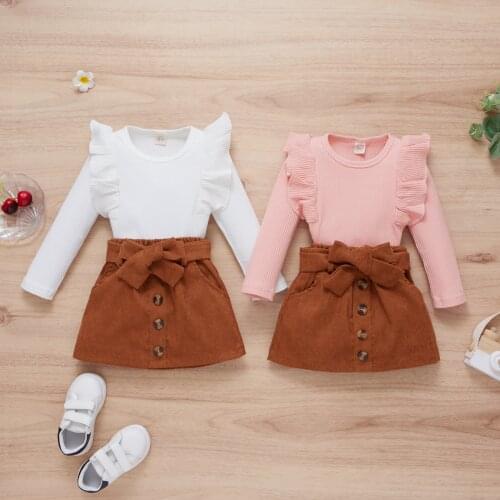 FOCUSNORM 0-4Y Autumn Lovely Baby Girls Clothes Sets Solid Ruffles Knit Long Sleeve Pullover Tops Bow Button A-Line Skirts 2pcs
