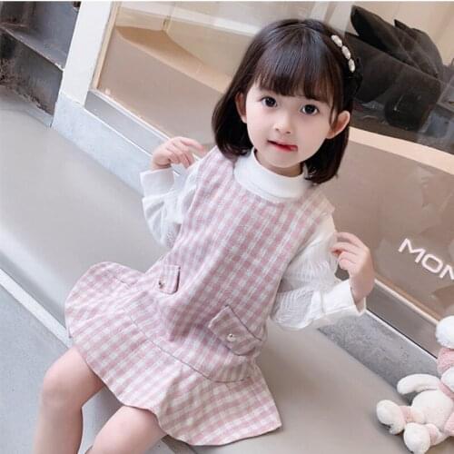 Toddler Girls Clothing Sets 2021 Autumn Kids Girl White Puff Sleeve Knitted Bottoming Shirt+Plated Sleeveless Vest Dress Outfits