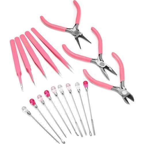 6 Style Jewelry Making Tool Kits Round Nose Plier Side Tweezers Mix Needle Spoon Pink Color Tools for DIY Jewelry Making