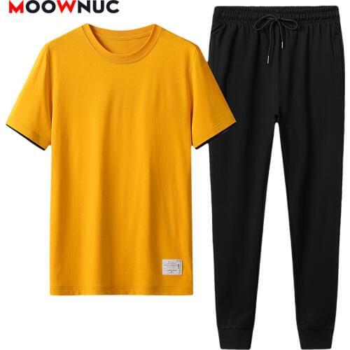 Mens Set T-shirt + trousers Cotton New 2020 Male Jogger Fit Youth Two Piece Suit Fashion Mens Spring Casual Solid MOOWNUC