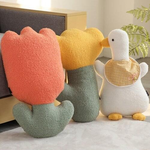 INS Hot Sale Lifelike Tulip & Duck Stuffed Doll Plush Toys Soft Decor Pillow Sofa Cushion Creative Flowers for Girls Kids Gift