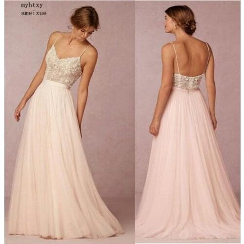 2020 Cheap Wedding Dresses 2 Pieces Thin Shoulder Strap Lace Top Bride Dresses Floor Length Backless Wedding Gowns Custom Made