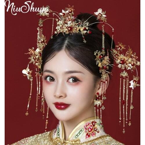 NiuShuya New Chinese-style Bride Headdress Gold Costume Tassels Ancient Phoenix Wedding Hair Accessories