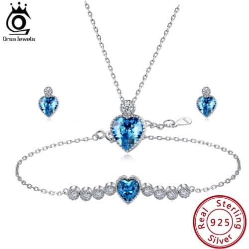 ORSA JEWELS 925 Sterling Silver Classic Blue 5A+Austria Crystal Heart Pendants Necklace Retro Womens Necklace Jewelry SWN16