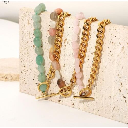 Colored natural stone necklace for women half curb chain half gemstone necklace stainless steel jewelry free tarnish wholesale