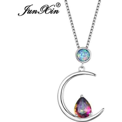 JUNXIN Pear Cut Rainbow Zircon Moon Pendant Blue White Fire Opal Necklaces For Women Silver Color Purple Necklace